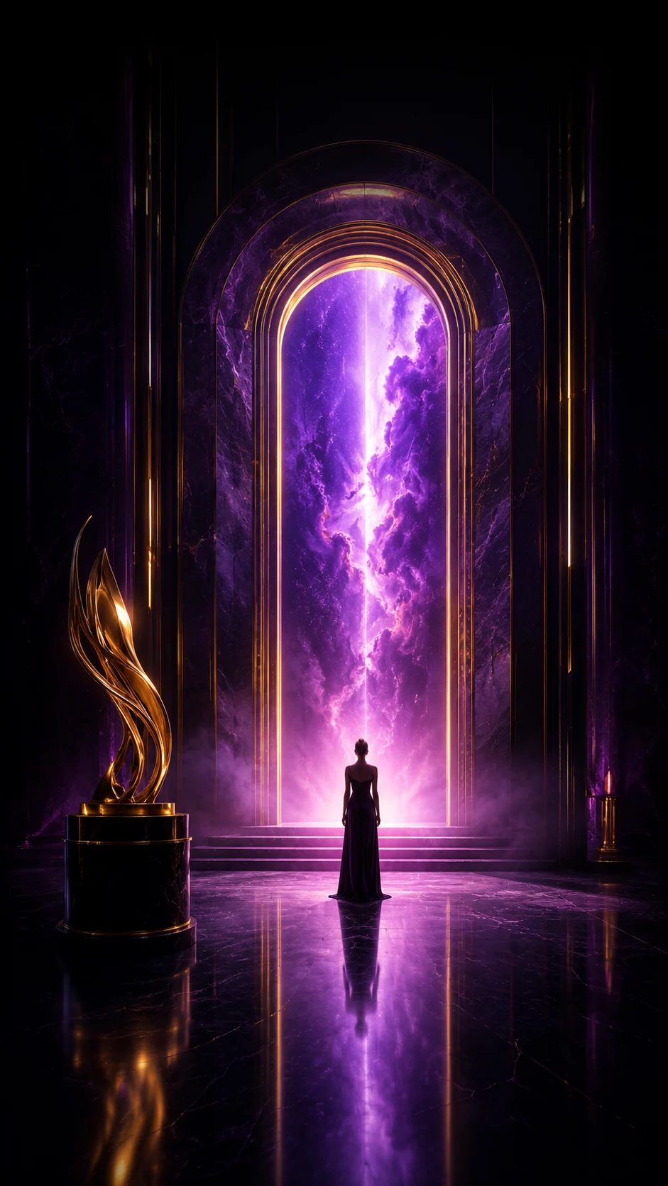Cinematic purple and gold art portal for TrendZ Art international visual art event